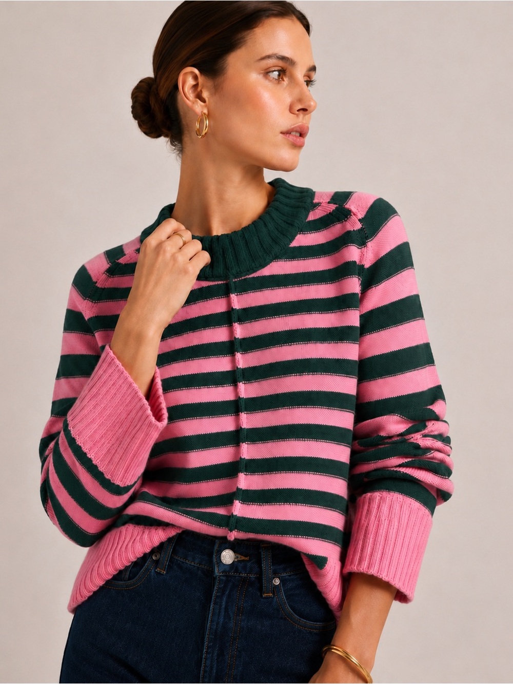 Anthropologie Maeve The Chandler Crew Neck Relaxed Pullover Sweater Pink/Green S